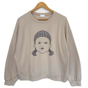 12PM Squid Games Young-hee Doll Face Graphic Sweatshirt Womens Size Large Beige